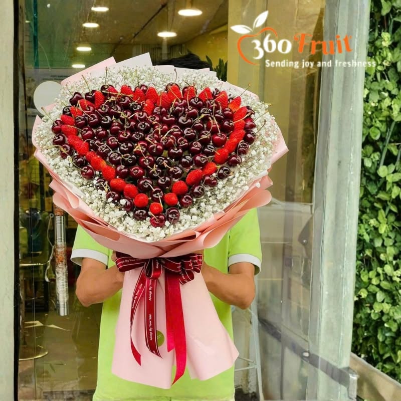 Bó hoa trái cây hình trái tim từ dâu và cherry tặng người yêu